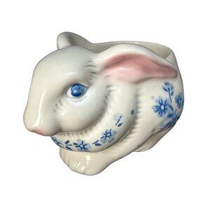 Vintage Bunny Rabbit Planter with Blue Floral Details